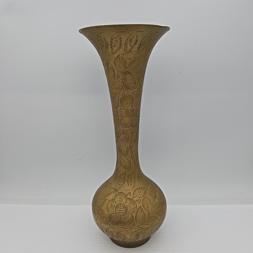 Vintage Brass Etched Floral Flower Vase Engraved Made in India Boho Decor 9.75in